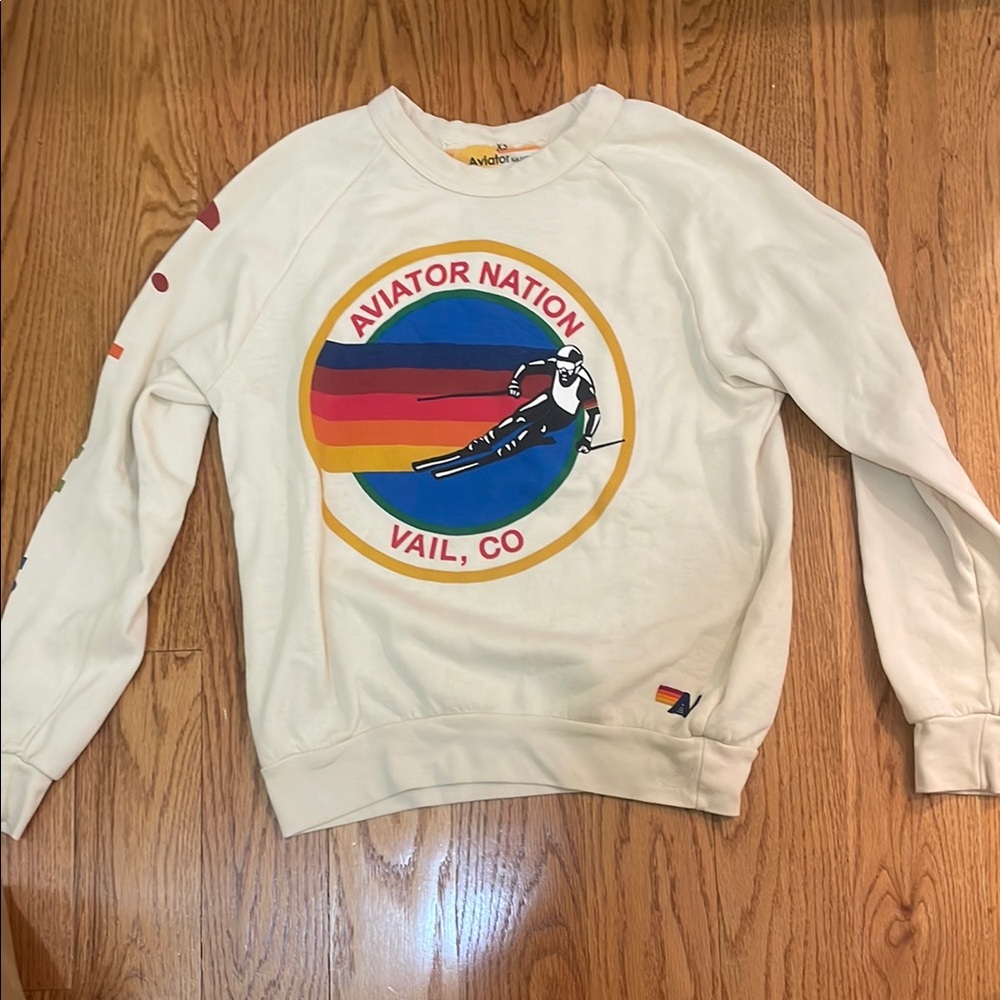 Aviator Nation Cream Crewneck Sweater with Retro Graphic